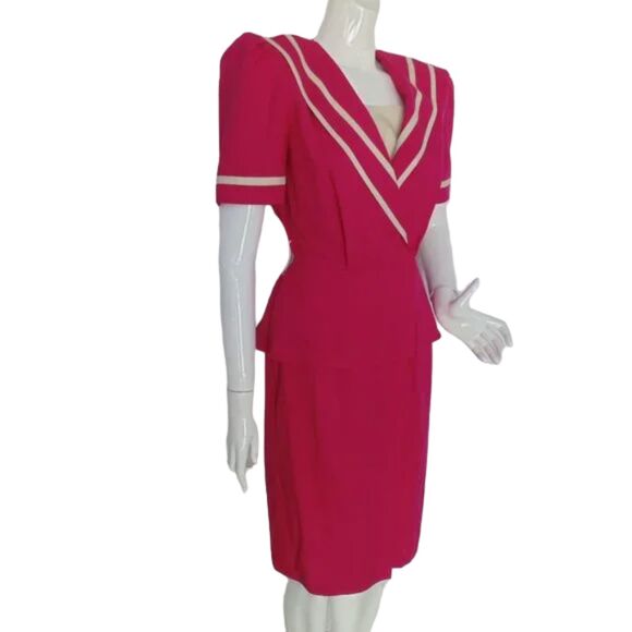 DANNY & NICOLE Dress, 2P, Vintage 80s, Bright Pink, Peplum, Modesty Panel - Picture 2 of 14